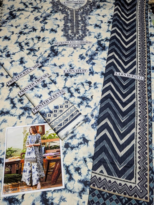 Digital Printed Lawn 3 Piece Suit With Neckline Patch