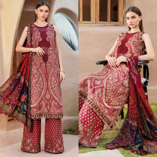 Digital Printed Lawn 3 Piece Suit With Embraided Patches