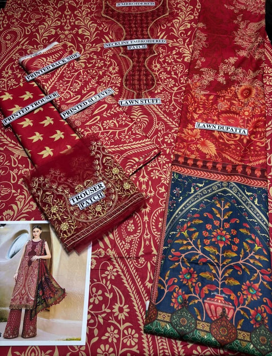 Digital Printed Lawn 3 Piece Suit With Embraided Patches