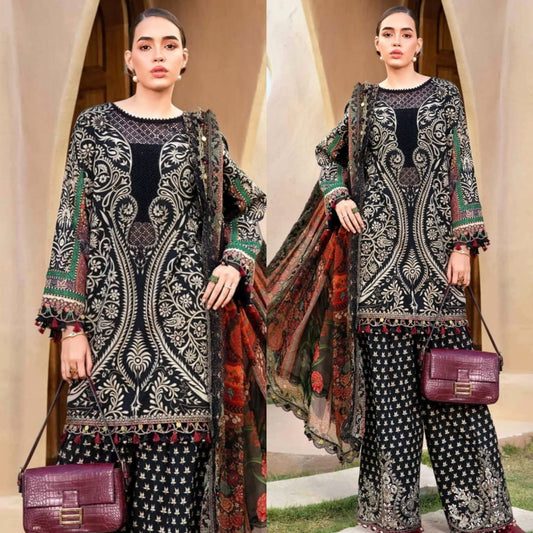 Digital Printed Lawn 3 Piece Suit With Embraided Patches