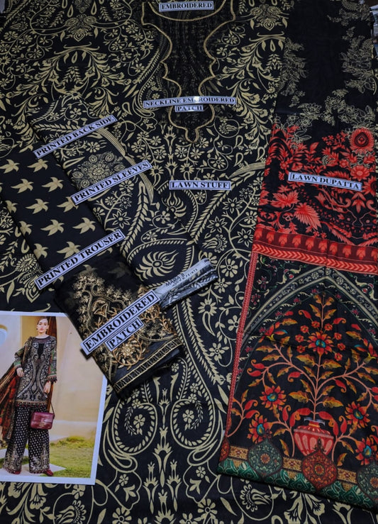 Digital Printed Lawn 3 Piece Suit With Embraided Patches