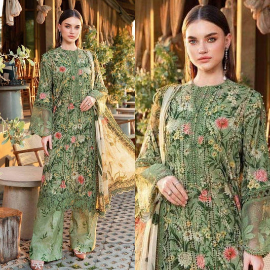 Digital Printed Lawn 3 Piece Suit With Embraided Patches