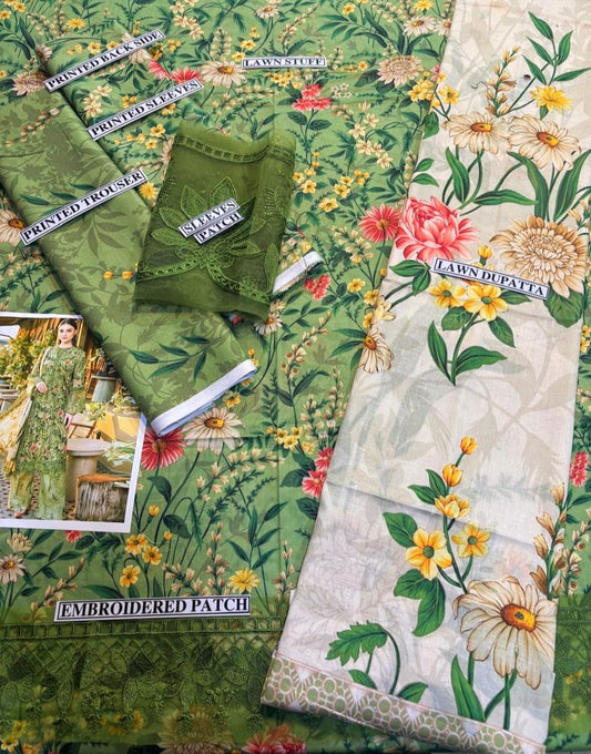 Digital Printed Lawn 3 Piece Suit With Embraided Patches