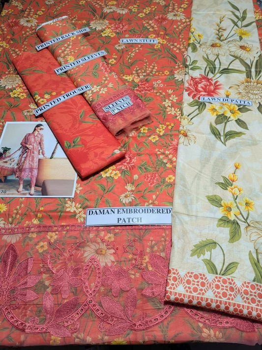 Digital Printed Lawn 3 Piece Suit With Embraided Patches