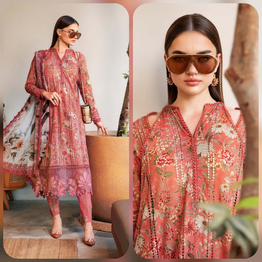 Digital Printed Lawn 3 Piece Suit With Embraided Patches