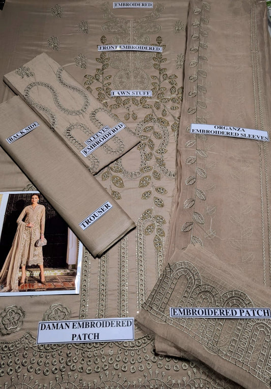 Boring Embraided  Lawn 3 Piece Suit With Embraided Patches