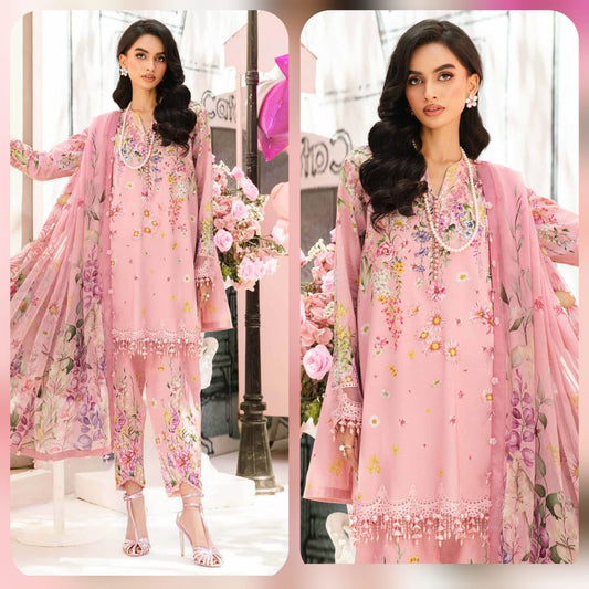 Digital Printed Lawn 3 Piece Suit With Embraided Patches