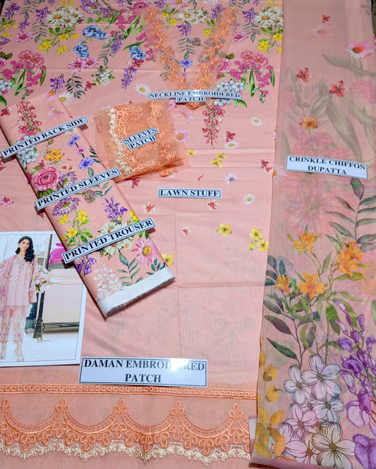 Digital Printed Lawn 3 Piece Suit With Embraided Patches