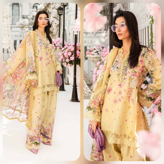 Digital Printed Lawn 3 Piece Suit With Embraided Patches