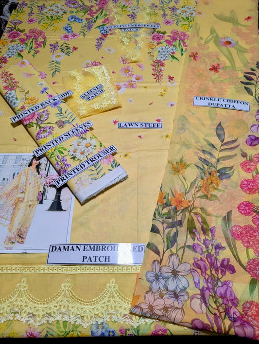 Digital Printed Lawn 3 Piece Suit With Embraided Patches