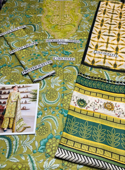 Digital Printed 3 Piece Lawn Suit With Neckline Patch