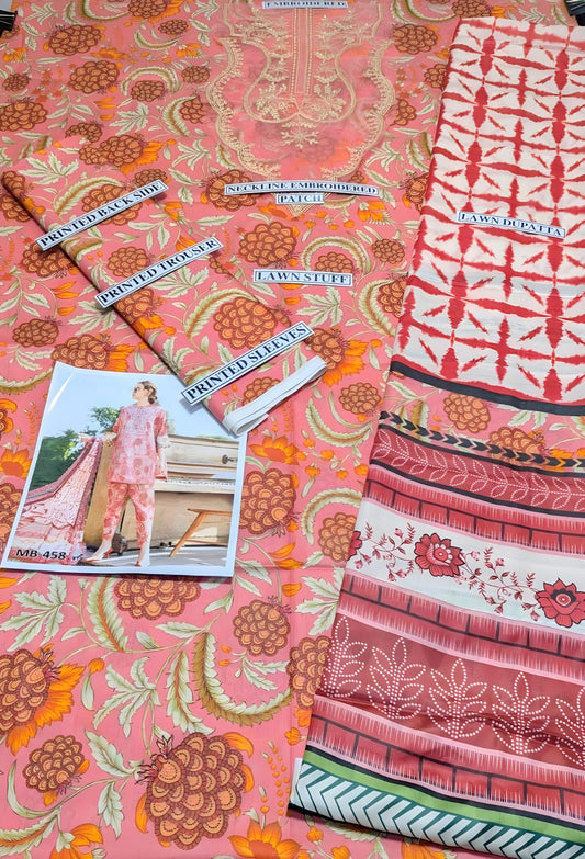 Digital Printed 3 Piece Lawn Suit With Neckline Patch