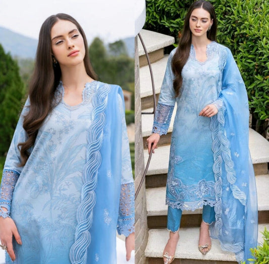 Digital Printed 3 Piece Lawn Suit With Embraided Patches