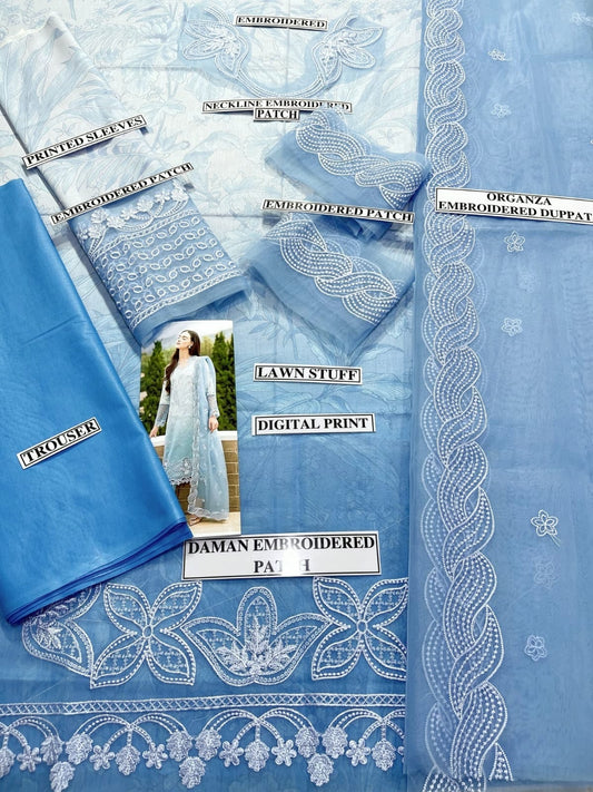 Digital Printed 3 Piece Lawn Suit With Embraided Patches