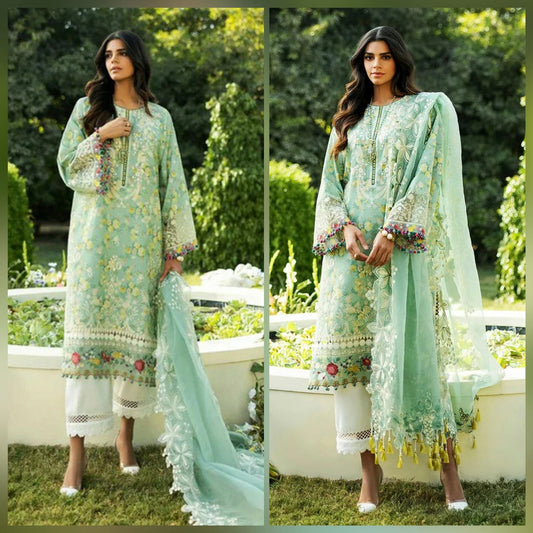 Digital Printed 3 Piece Lawn Suit With Embraided Patches