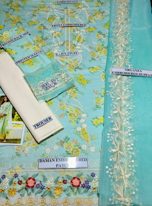 Digital Printed 3 Piece Lawn Suit With Embraided Patches