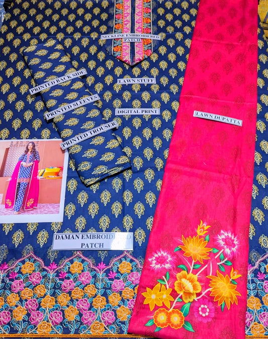 Digital Printed Lawn 3 Piece Suit With Embraided Patches
