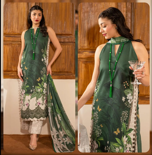 Digital Printed Lawn 3 Piece Suit With Embraided Patches