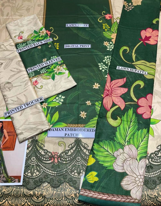 Digital Printed Lawn 3 Piece Suit With Embraided Patches