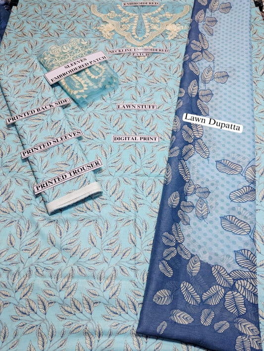 Digital Printed Lawn 3 Piece Suit With Embraided Patches