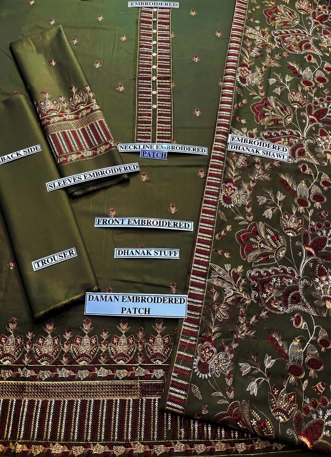 Embroidered Dhanak 3 Piece Suit With Patch And Shawl
