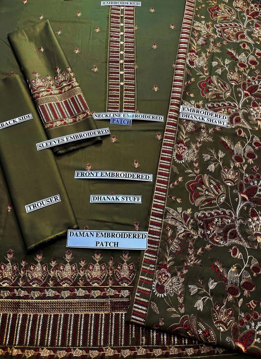 Embraided Dhanak 3 Piece Suit With Patch And Shawl