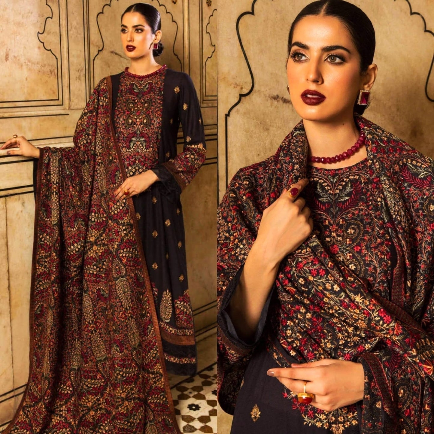 Embroidered Dhanak 3 Piece Suit With Shawl