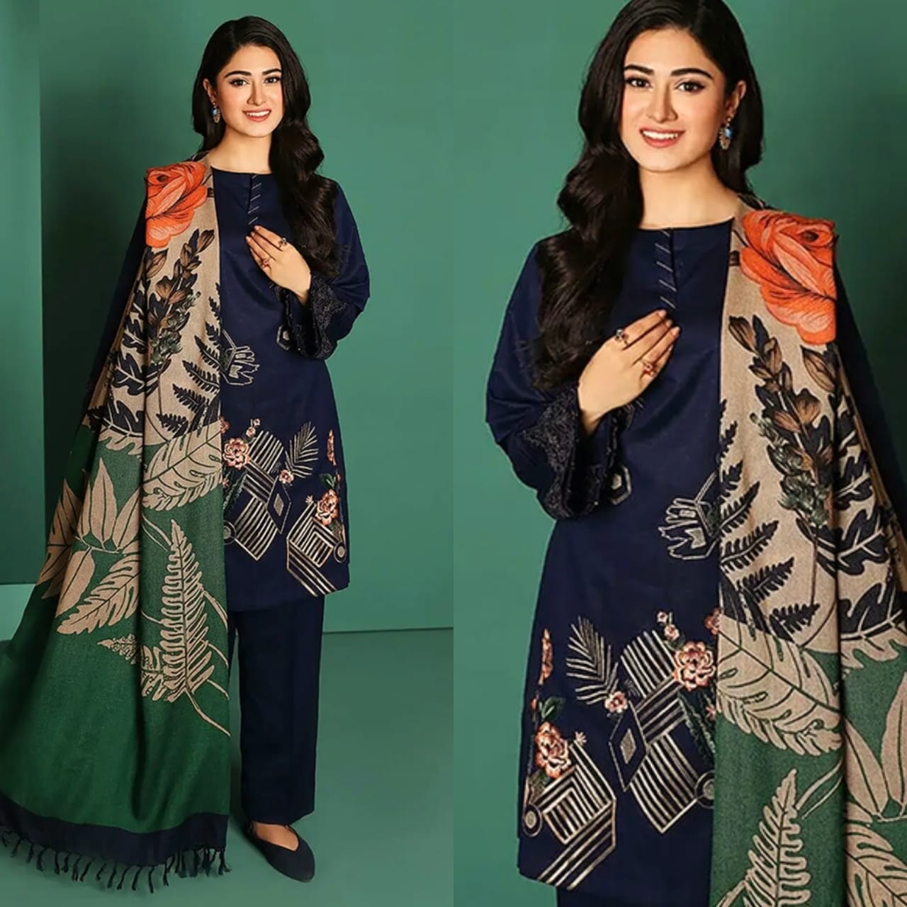Embroidered Dhanak 3 Piece Suit With Wool Shawl