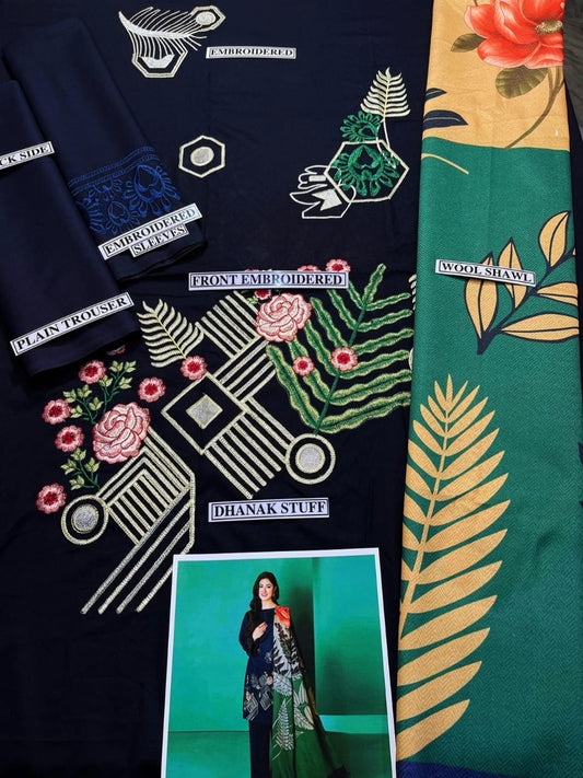 Embraided Dhanak 3 Piece Suit With Wool Shawl