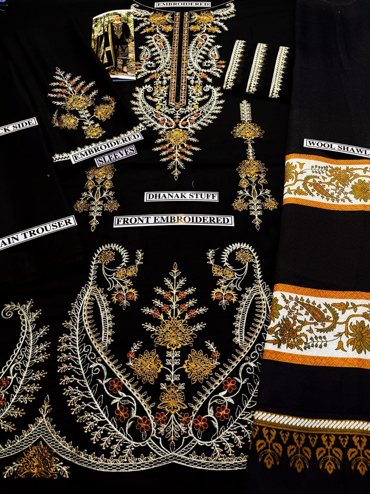 Embroidered Dhanak 3 Piece Suit With Wool Shawl