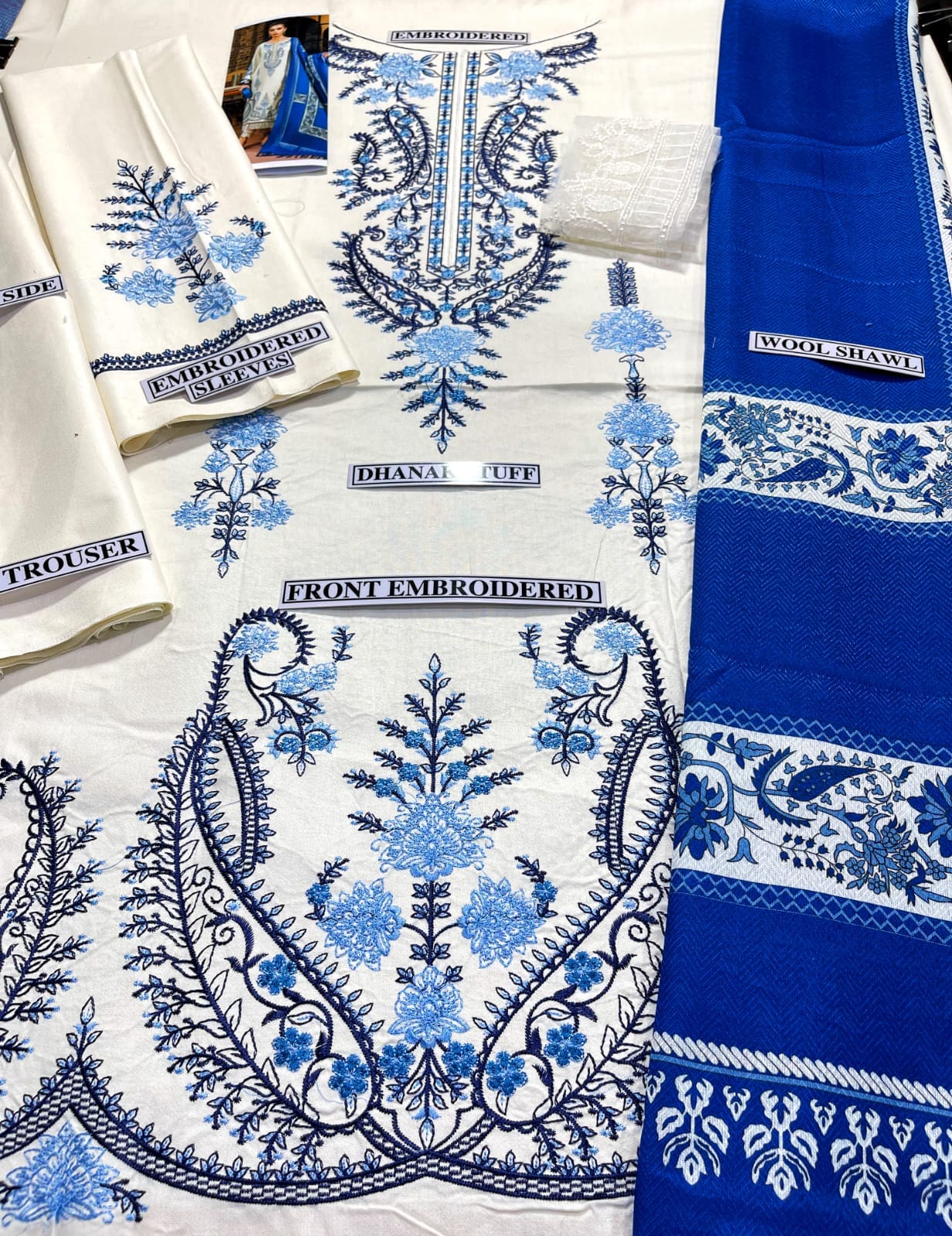 Embroidered Dhanak 3 Piece Suit With Wool Shawl