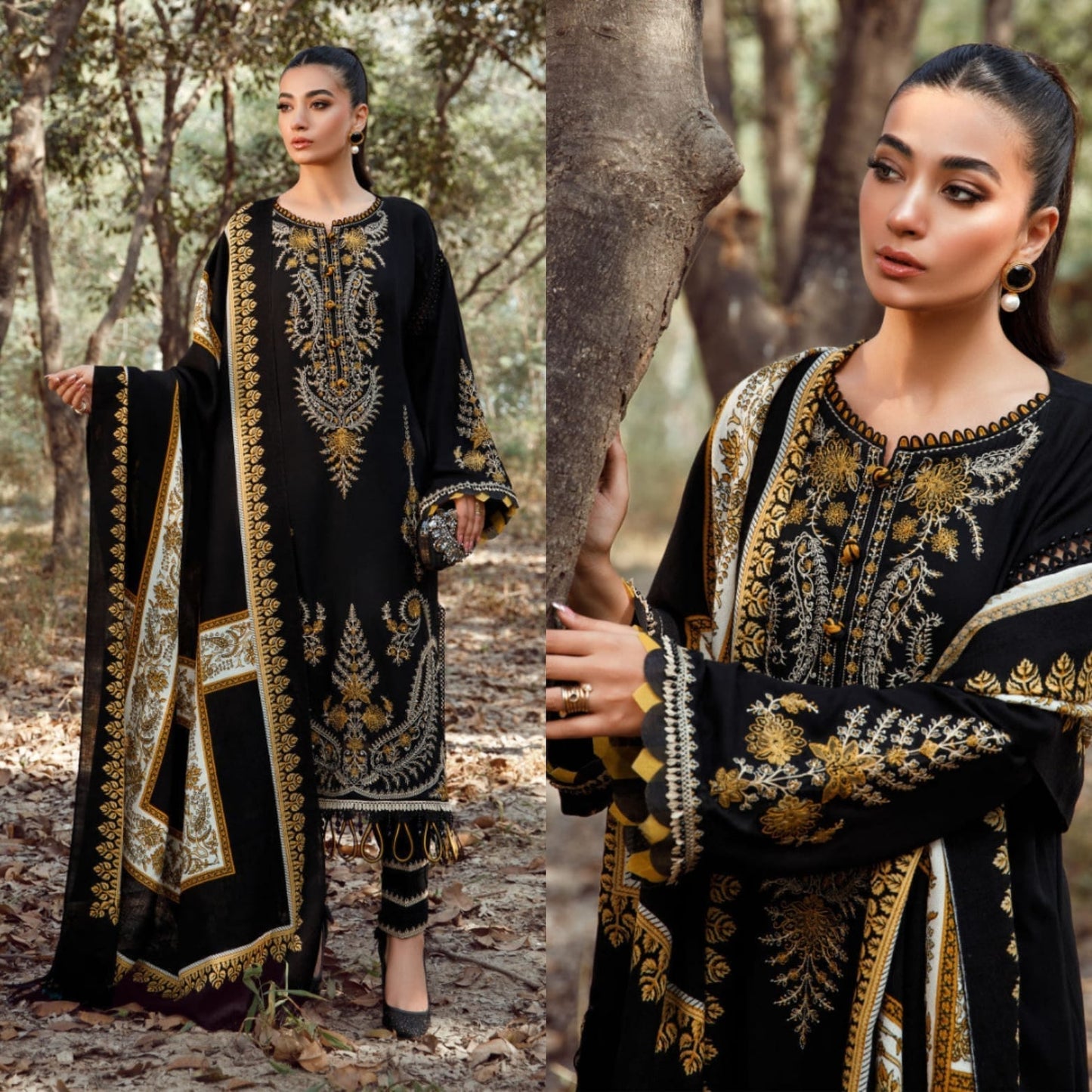 Embroidered Dhanak 3 Piece Suit With Wool Shawl