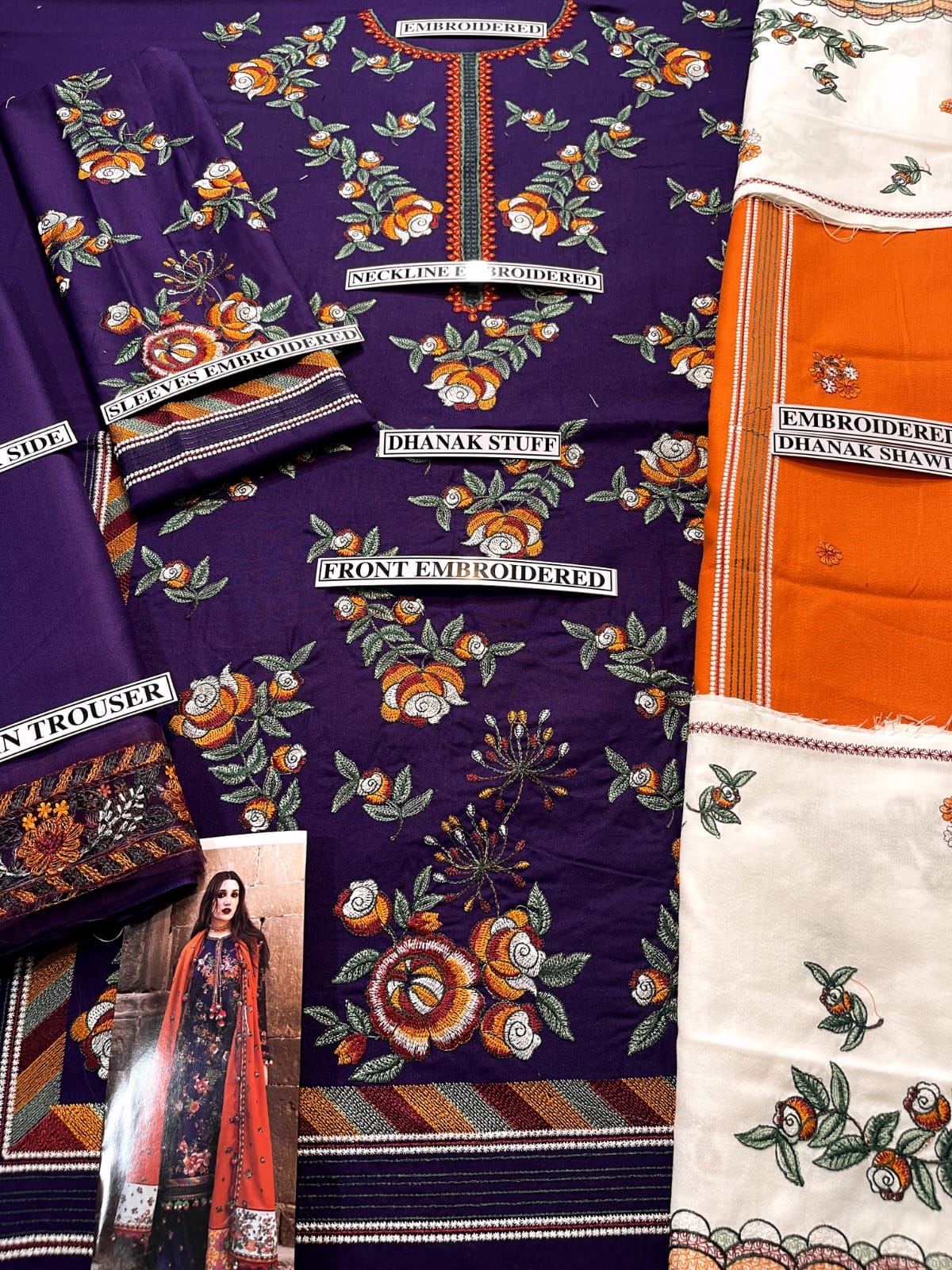 Embraided Dhanak 3 Piece Suit With Shawl And Pallu