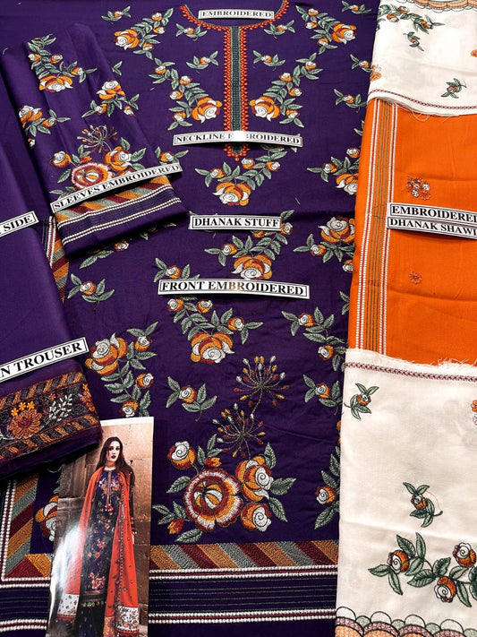 Embraided Dhanak 3 Piece Suit With Shawl And Pallu