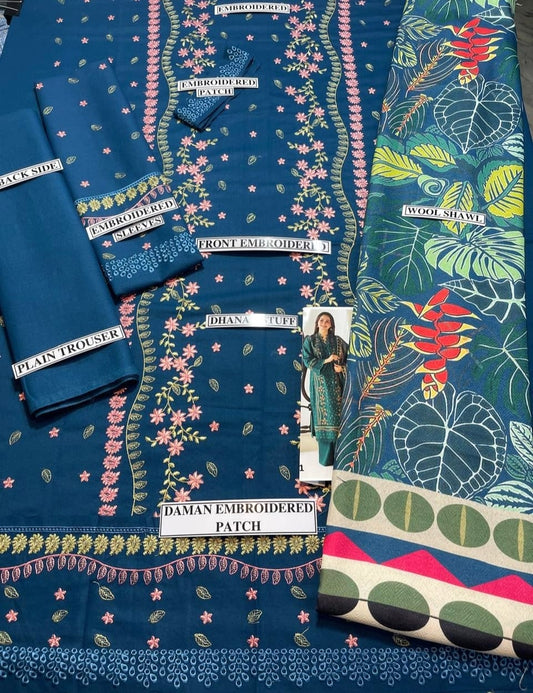 Embraided Dhanak 3 Piece Suit With Wool Shawl