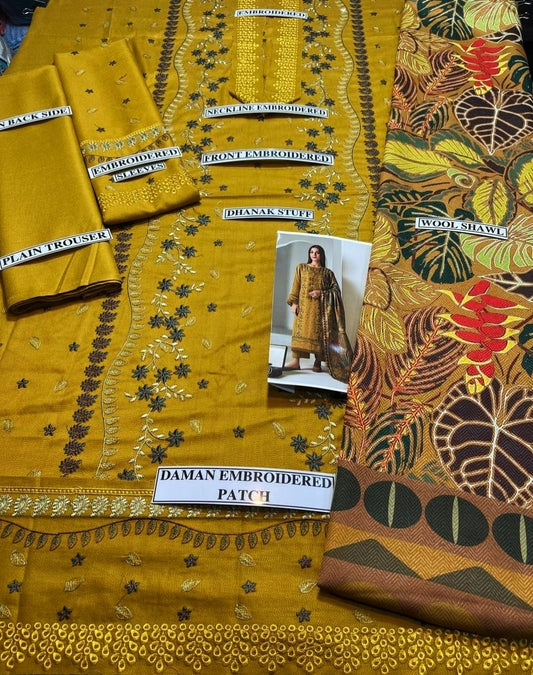 Embraided Dhanak 3 Piece Suit With Wool Shawl