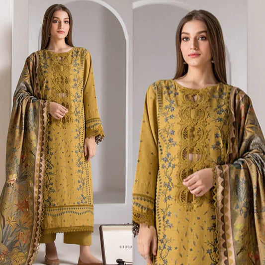 Embraided Dhanak 3 Piece Suit With Wool Shawl