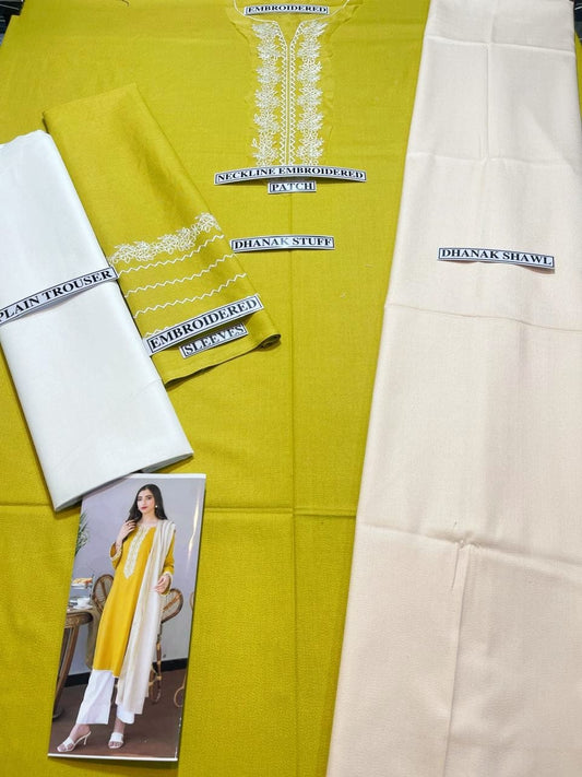 Embraided Dhanak 3 Piece Suit With Shawl And Neckline Patch