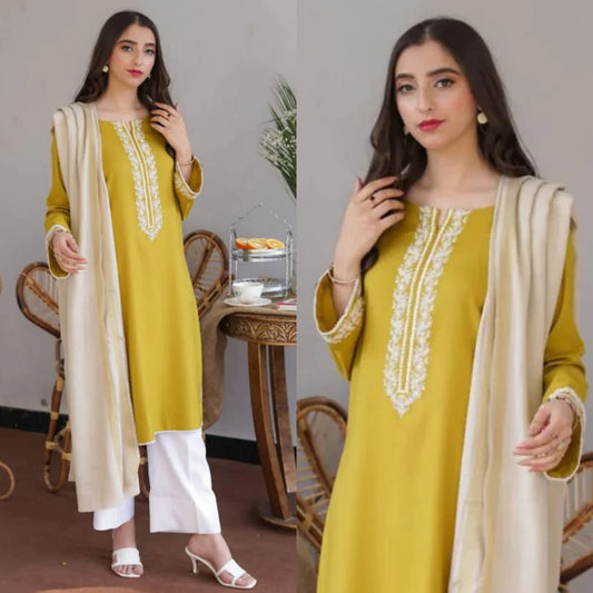 Embraided Dhanak 3 Piece Suit With Shawl And Neckline Patch