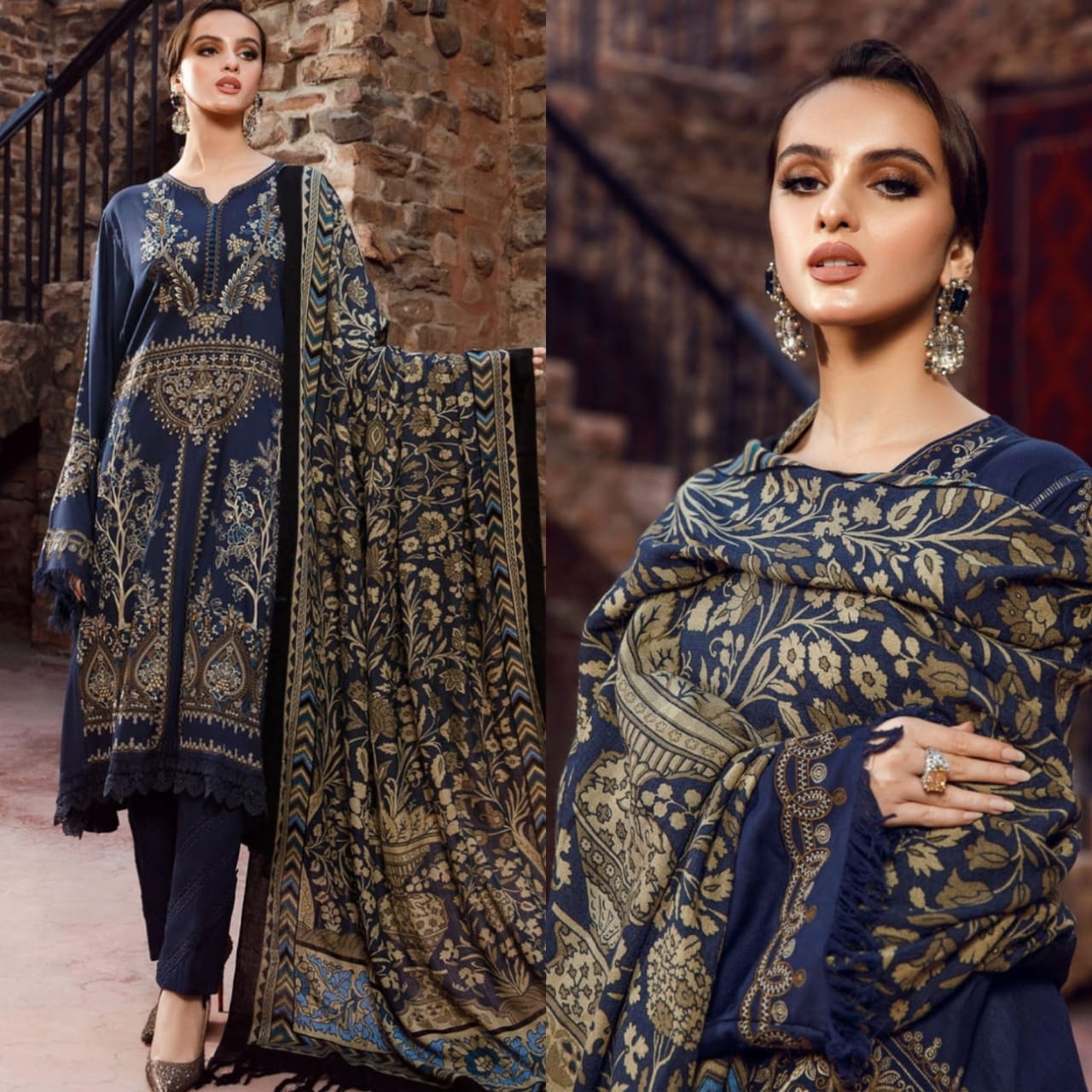 Embraided Dhanak 3 Piece Suit With Patch And Shawl