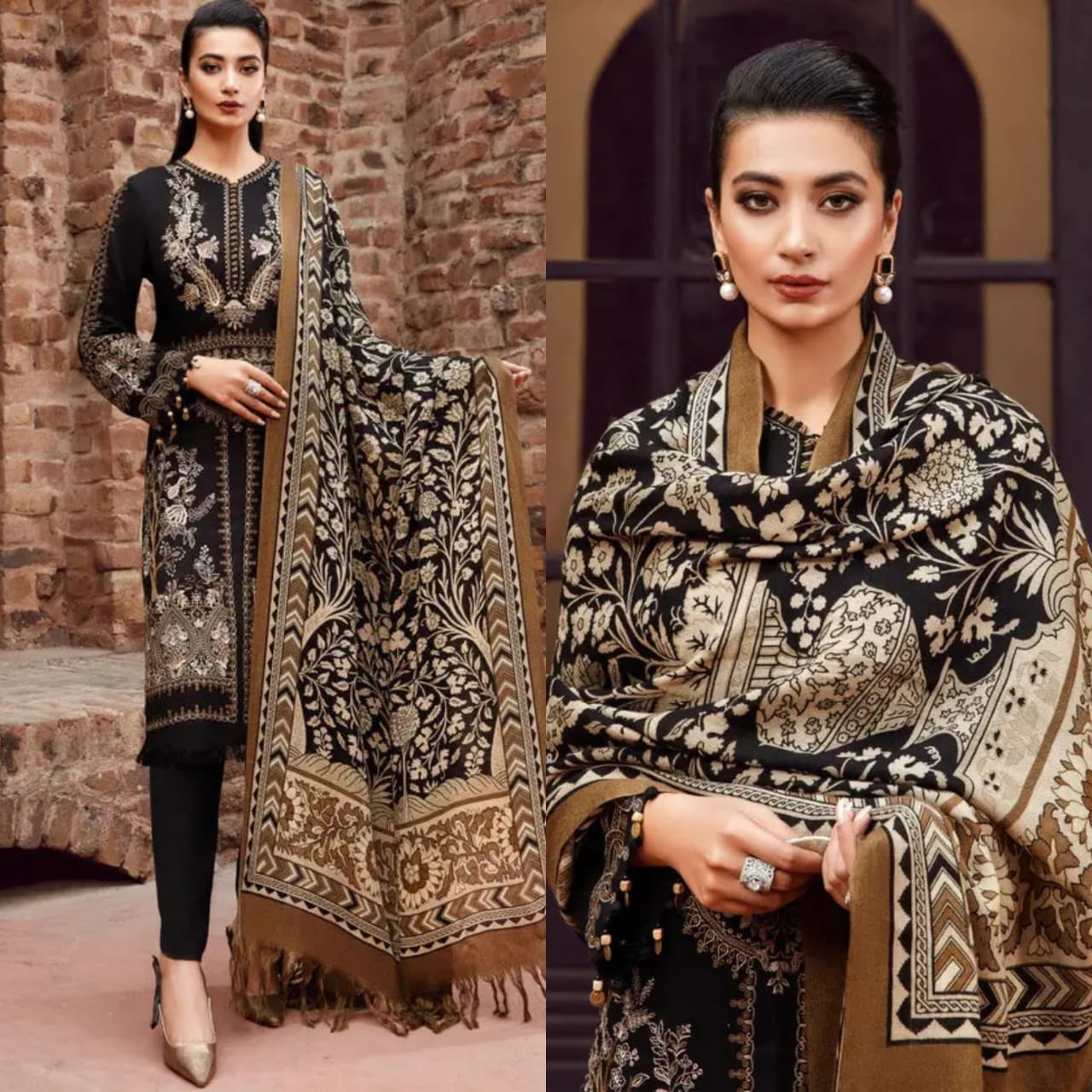 Embraided Dhanak 3 Piece Suit With Patch And Shawl
