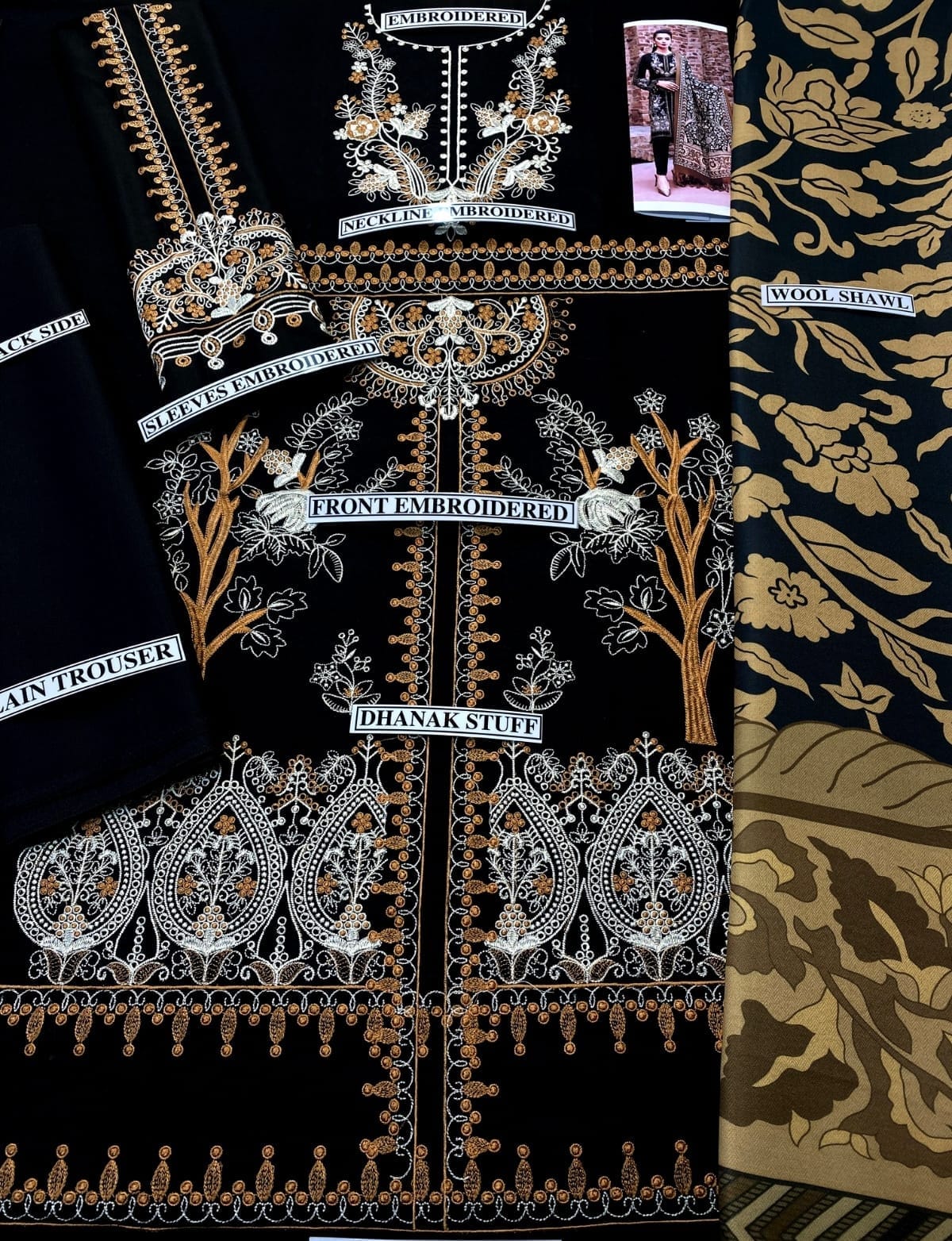 Embraided Dhanak 3 Piece Suit With Patch And Shawl