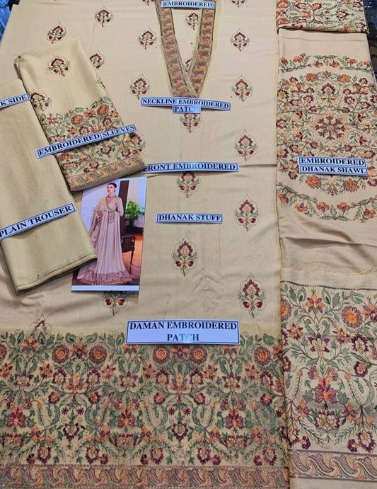 Embraided Dhanak 3 Piece Suit With Shawl And Pallu Patch