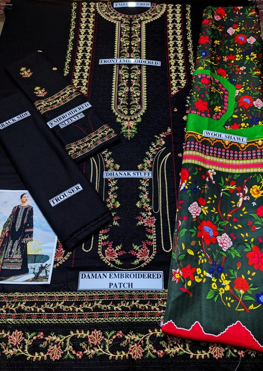 Embraided Dhanak 3 Piece Suit With Wool Shawl And Patch