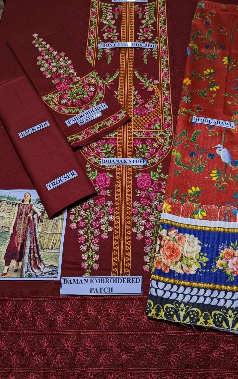 Embraided Dhanak 3 Piece Suit With Wool Shawl And Patch