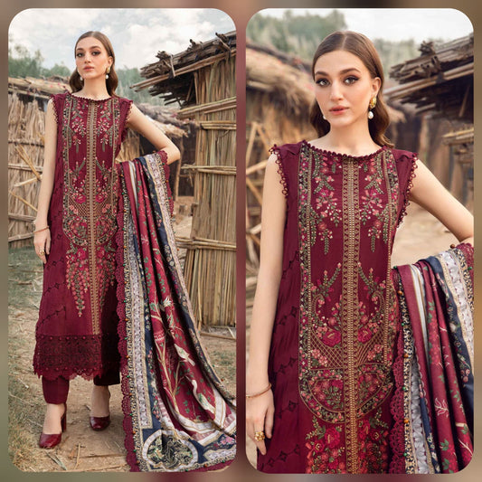 Embraided Dhanak 3 Piece Suit With Wool Shawl And Patch