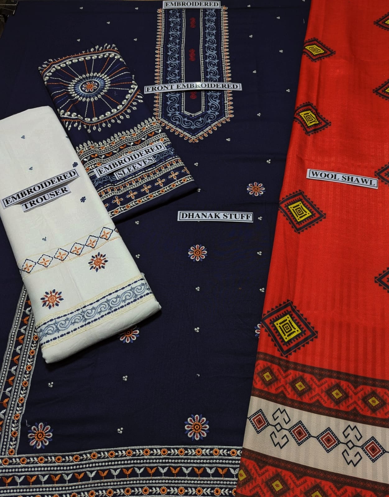 Embraided Dhanak 3 Piece Suit With Wool Shawl