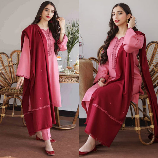 Dyed Dhanak 3 Piece Suit with Neck Patch