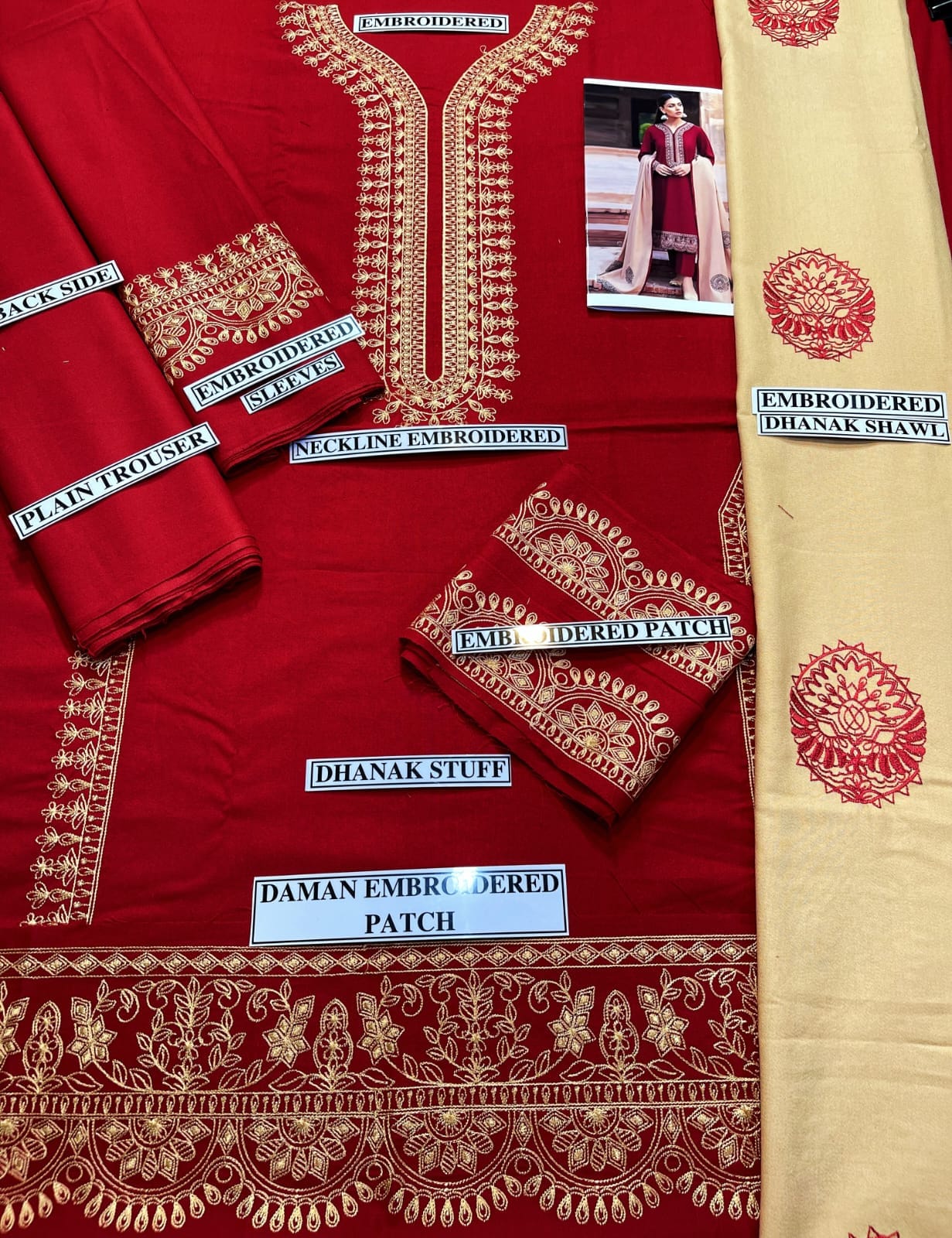 Embraided Dhanak 3 Piece Suit With Patches