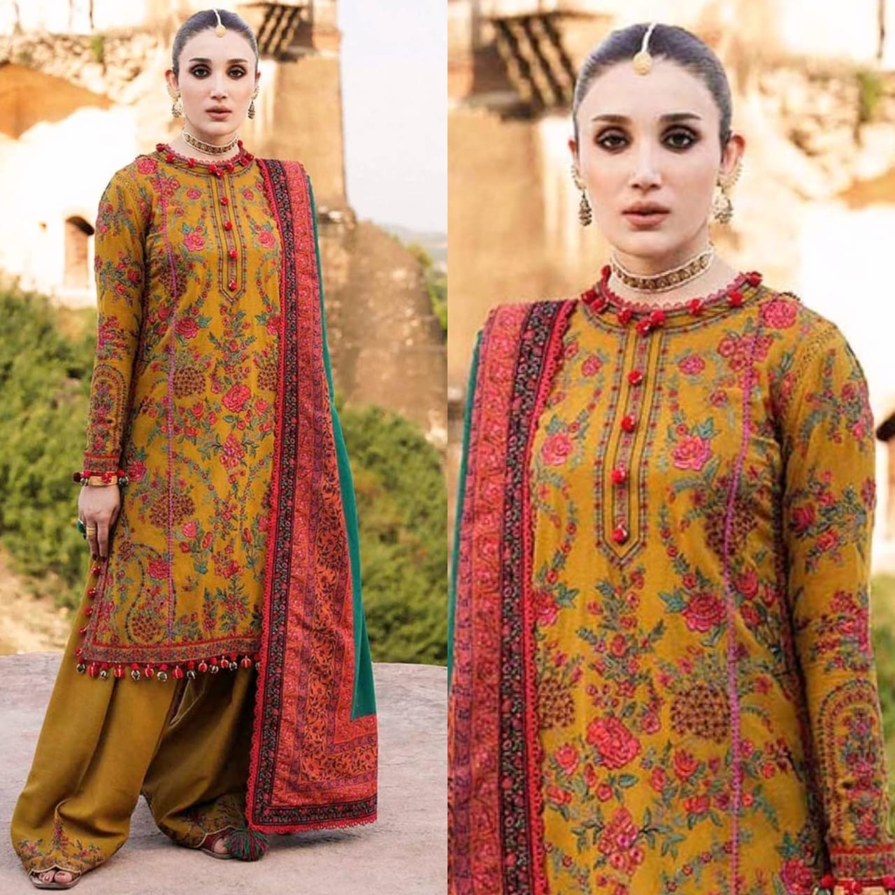 Embraided Dhanak 3 Piece Suit With Wool Shawl